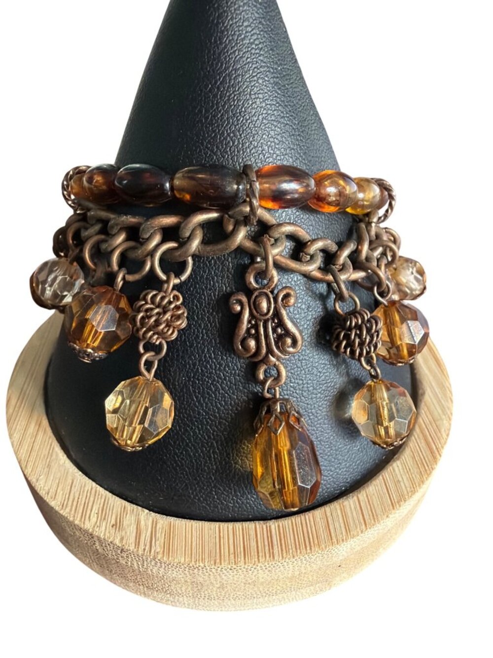 Vintage Copper Tone Charm Bracelet Amber Glass Beads Dangles Toggle Clasp 7"
